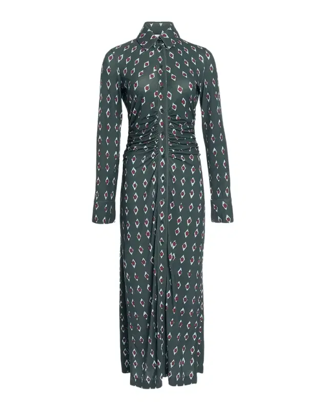 Altuzarra Claudia Diamond-Print Long-Sleeve Ruched Midi Shirtdress