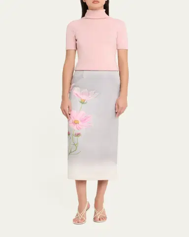 Oscar de la Renta Cosmos Flower-Print Satin Midi Skirt | Thumbnail 2