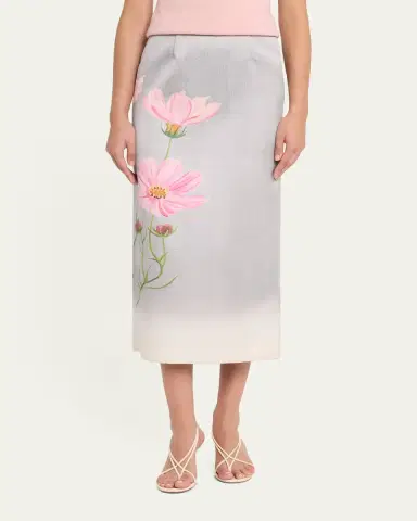 Oscar de la Renta Cosmos Flower-Print Satin Midi Skirt | Thumbnail 4