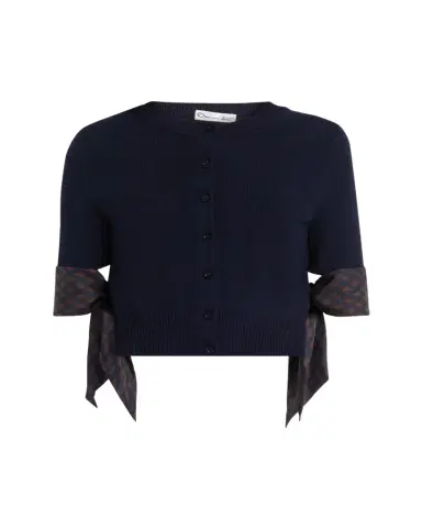 Oscar de la Renta Argyle Silk Cuffs Crop Crewneck Cardigan | Thumbnail 1