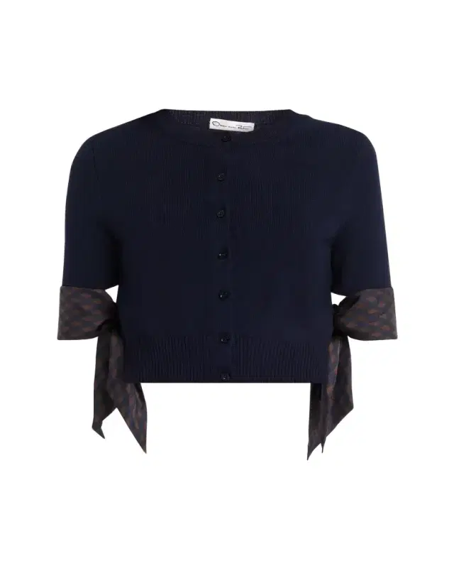 Oscar de la Renta Argyle Silk Cuffs Crop Crewneck Cardigan