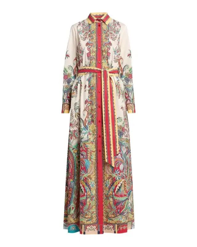 Etro Paisley-Print Cotton Belted Maxi Shirtdress