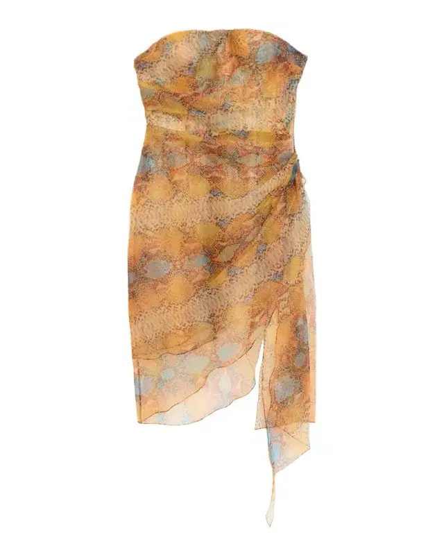 LaQuan Smith Strapless Metallic Snake-Print Chiffon Asymmetric Dress