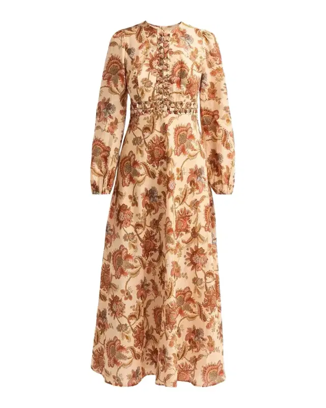 Zimmermann Aster Floral Linen Knot Detail Maxi Dress