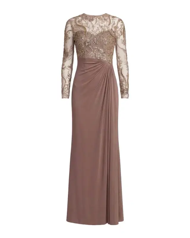 Mac Duggal Beaded Embroidered Mesh & Jersey Gown
