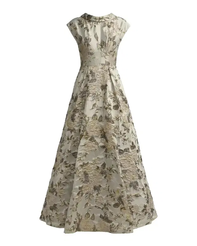 Mac Duggal Pleated Floral Brocade A-Line Gown