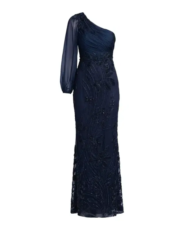 Mac Duggal Floral Appliqué Chiffon Trumpet One-Shoulder Gown