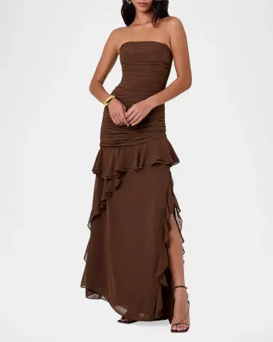 NICHOLAS Viola Ruched Ruffles Strapless Maxi Dress | Thumbnail 2