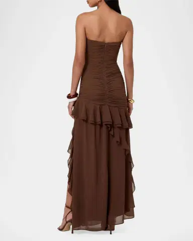 NICHOLAS Viola Ruched Ruffles Strapless Maxi Dress | Thumbnail 3