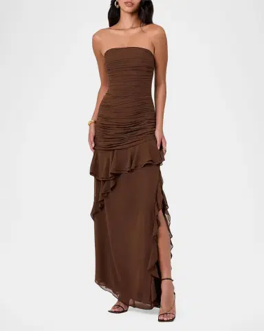 NICHOLAS Viola Ruched Ruffles Strapless Maxi Dress | Thumbnail 4