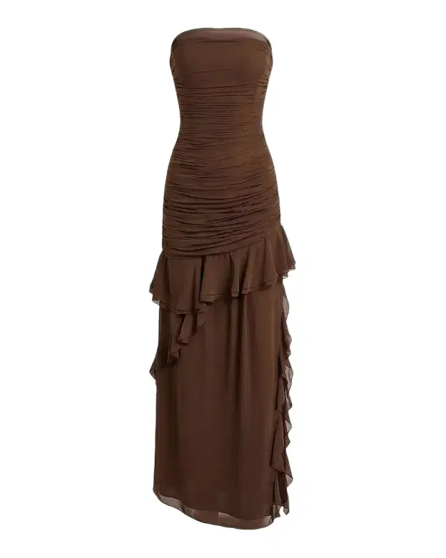 NICHOLAS Viola Ruched Ruffles Strapless Maxi Dress