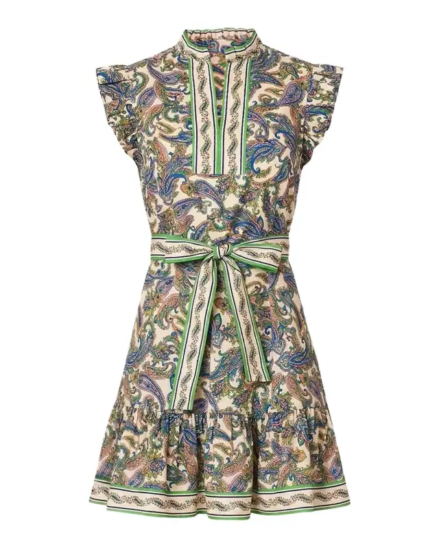 Shoshanna Leah Tie-Waist Paisley Stretch-Cotton A-Line Mini Dress