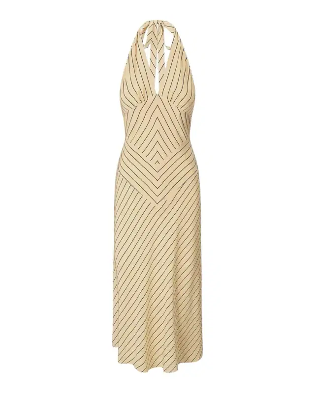 STAUD Louise Striped Silk Halter Midi Dress