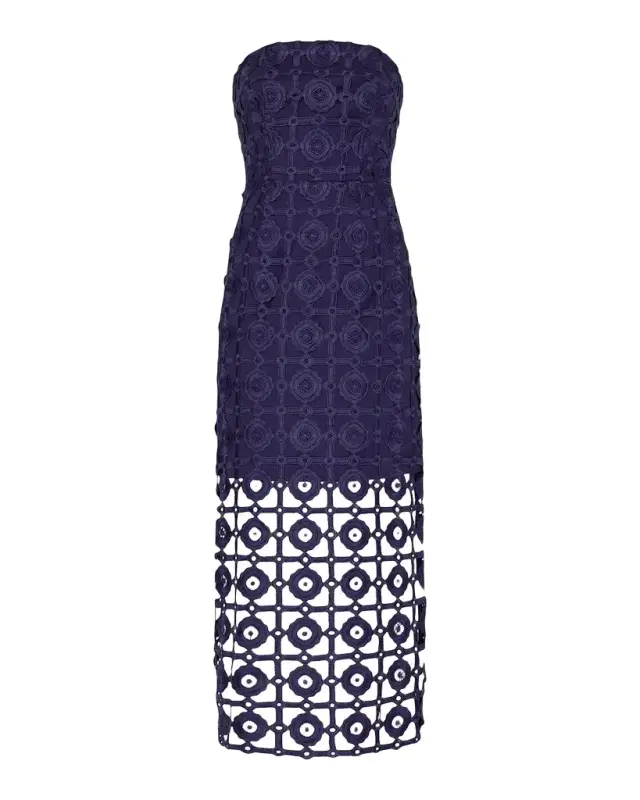 Milly Kait Strapless Tiled Lace Midi Dress
