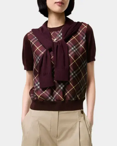 Burberry Sandrina Check Panel Wool-Silk T-Shirt | Thumbnail 2 Burberry Sandrina Check Panel Wool-Silk T-Shirt | Thumbnail 2