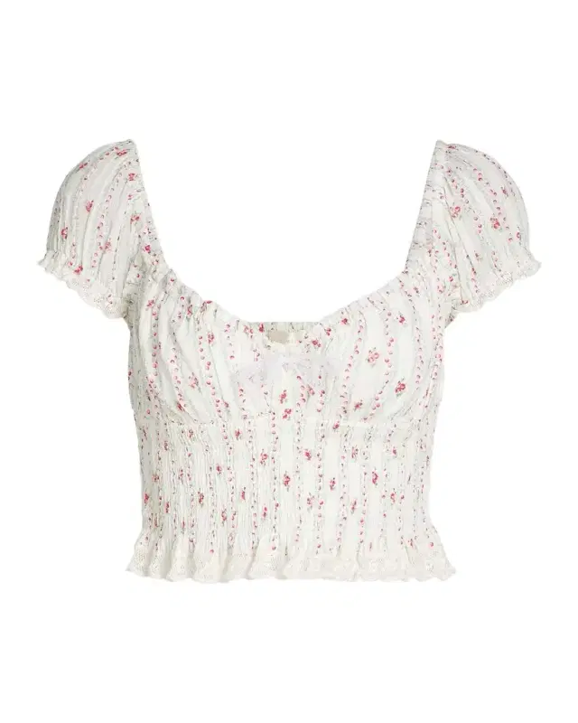 LoveShackFancy Daini Floral Smocked Cotton Crop Top