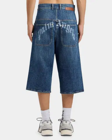 Palm Angels Men's Curved Logo Denim Skater Shorts | Thumbnail 3