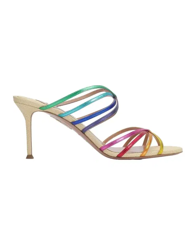 Aquazzura Tell Me 75MM Leather & Raffia Mule Sandals