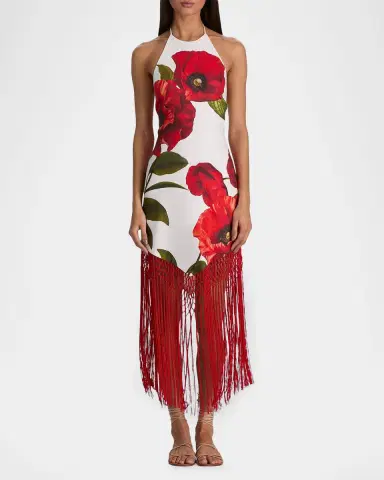 ALICE + OLIVIA Mallory Floral Fringed-Hem Midi Dress | Thumbnail 2 ALICE + OLIVIA Mallory Floral Fringed-Hem Midi Dress | Thumbnail 2