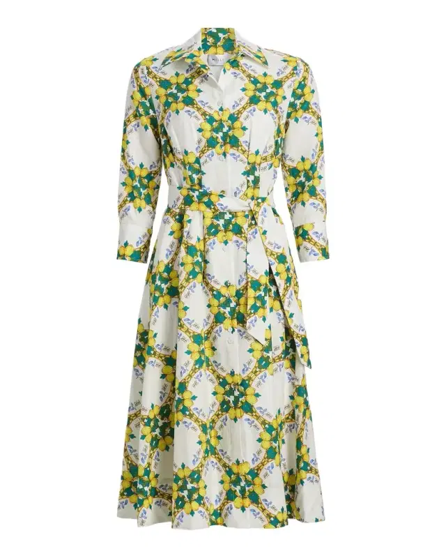 Milly Lexi Lemon Lattice Tie-Waist Midi Shirtdress