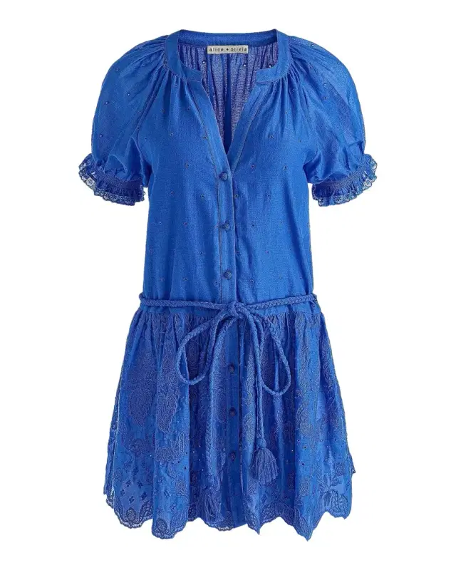 ALICE + OLIVIA Thalia Tie-Waist Eyelet Cotton A-Line Mini Dress