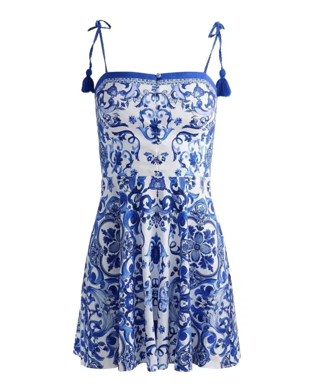 ALICE + OLIVIA Glinda Majolica Tassel Linen-Blend Mini Dress