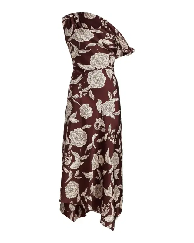 Tanya Taylor Loretta Floral Satin One-Shoulder Midi Dress