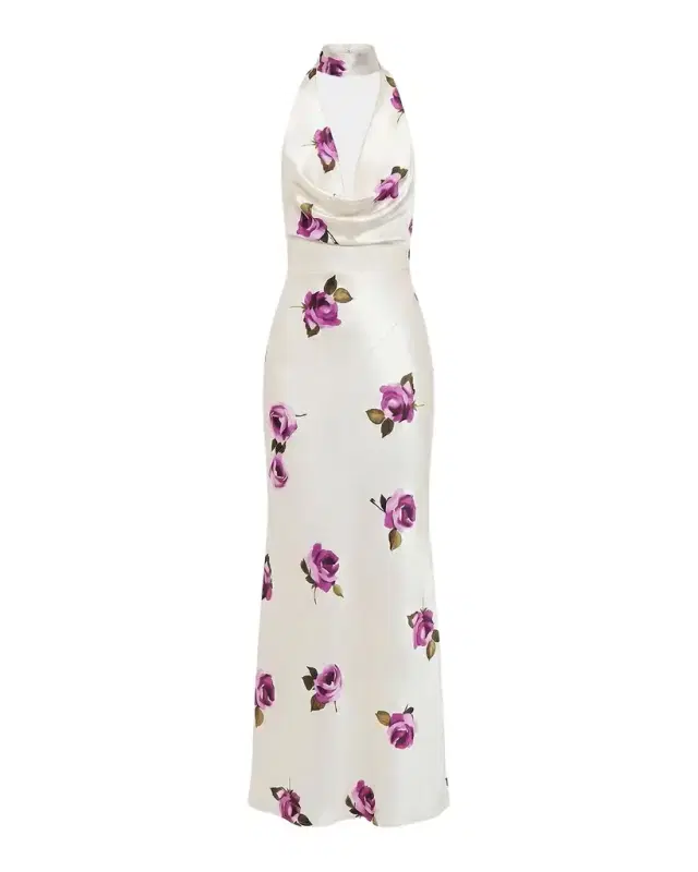 n/nicholas Lyria Rose-Print Satin Gown