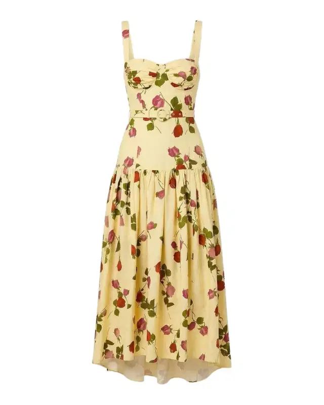 NICHOLAS Drenica Floral Linen-Blend Drop-Waist Midi Dress