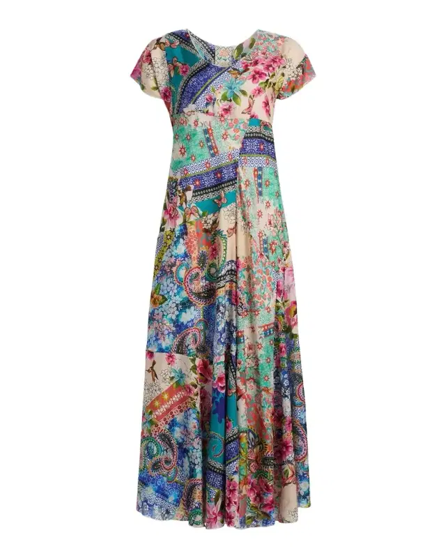 Johnny Was Patchwork Silk A-Line Maxi Dress