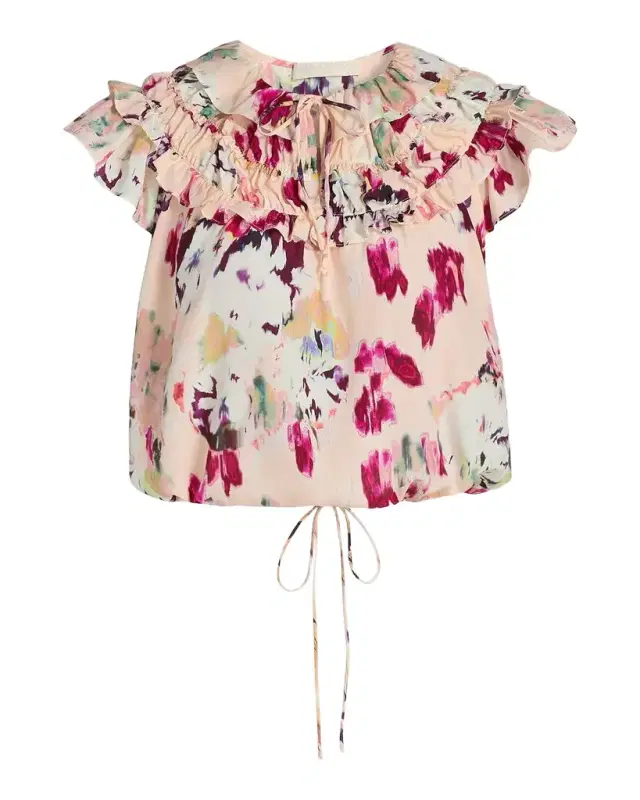 Ulla Johnson Eleonore Floral Ruffled Silk Tieneck Top