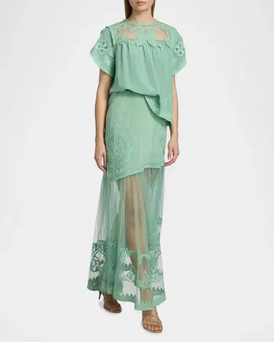 Ulla Johnson Elspeth Floral-Embroidered Sheer Silk Midi Skirt | Thumbnail 2 Ulla Johnson Elspeth Floral-Embroidered Sheer Silk Midi Skirt | Thumbnail 2