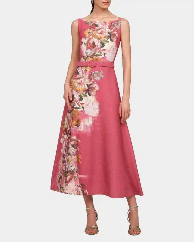 Kay Unger New York Slyvie Floral Belted Satin Tea-Length Dress | Thumbnail 2 Kay Unger New York Slyvie Floral Belted Satin Tea-Length Dress | Thumbnail 2