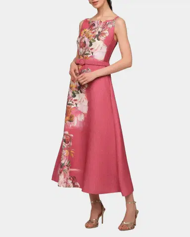 Kay Unger New York Slyvie Floral Belted Satin Tea-Length Dress | Thumbnail 6 Kay Unger New York Slyvie Floral Belted Satin Tea-Length Dress | Thumbnail 6