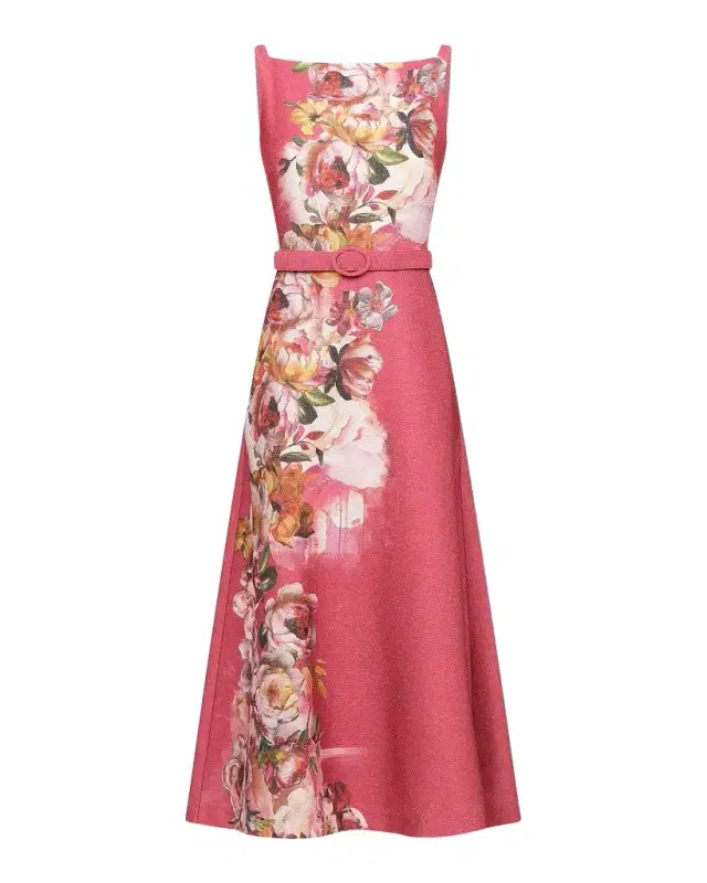 Kay Unger New York Slyvie Floral Belted Satin Tea-Length Dress