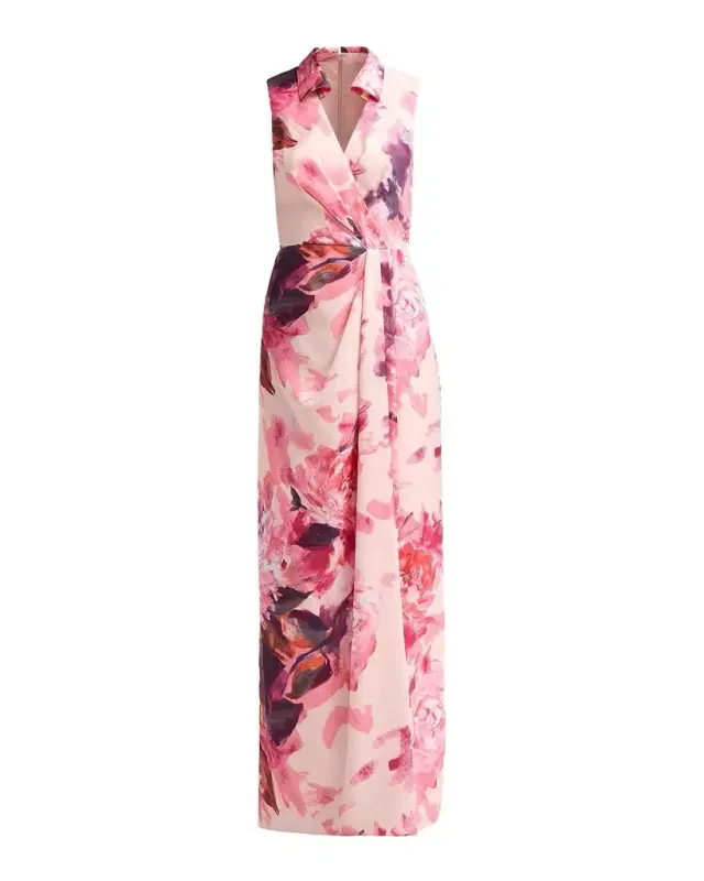Aidan Mattox Floral Sateen A-Line Maxi Dress