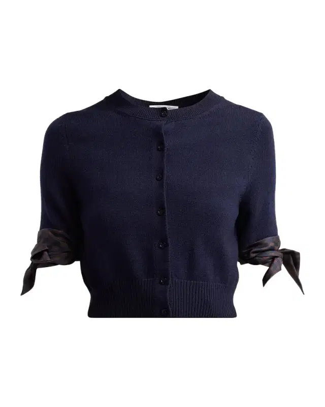 Oscar de la Renta Argyle Silk Cuffs Crop Crewneck Cardigan