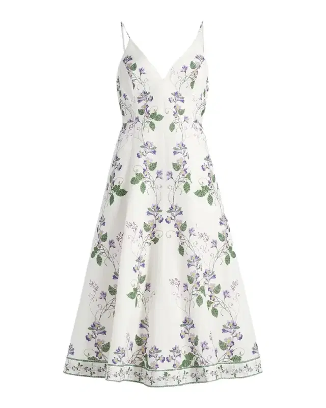 Floral Linen-Cotton A-Line Midi Dress