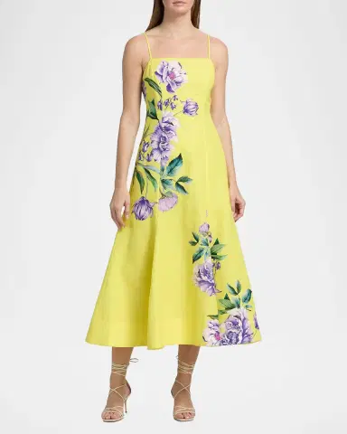 Hemant & Nandita Floral Linen-Cotton A-Line Midi Dress | Thumbnail 4