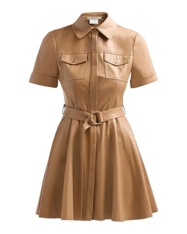 ALICE + OLIVIA Lucy Faux-Leather Belted Mini Shirtdress