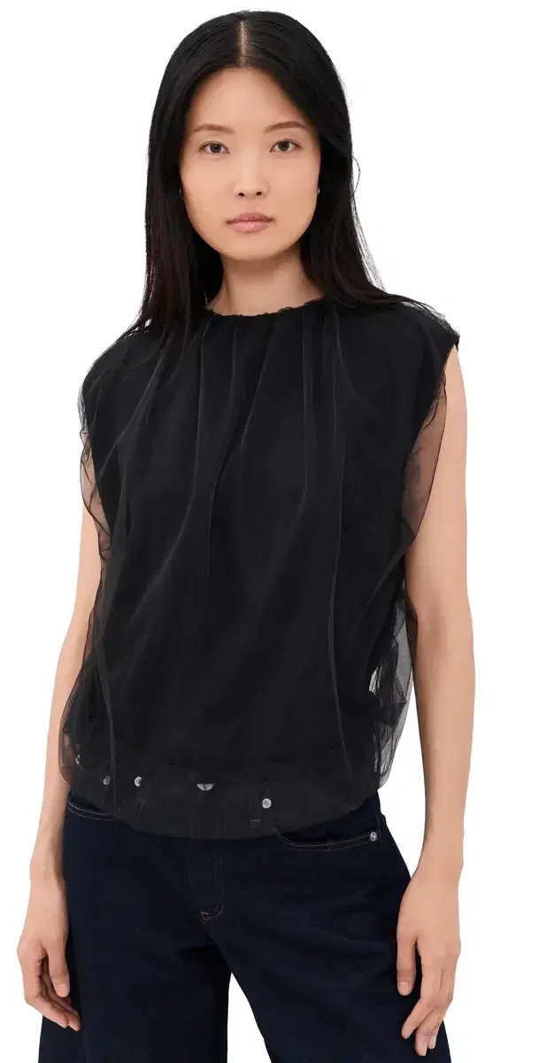 MEIMEIJ Sleeveless Tulle Jewel Neck Top Nero