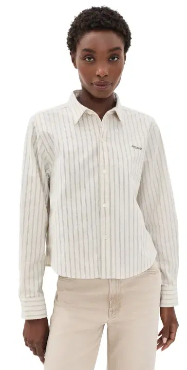 MOTHER The Cropped Bestie Button Down hirt Cream and Black tripe | Thumbnail 1 MOTHER The Cropped Bestie Button Down hirt Cream and Black tripe | Thumbnail 1