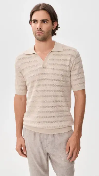 Frescobol Carioca Rino Cotton Jacquard Wave Knit Polo Sand | Thumbnail 2 Frescobol Carioca Rino Cotton Jacquard Wave Knit Polo Sand | Thumbnail 2
