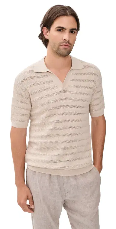 Frescobol Carioca Rino Cotton Jacquard Wave Knit Polo Sand | Thumbnail 1 Frescobol Carioca Rino Cotton Jacquard Wave Knit Polo Sand | Thumbnail 1