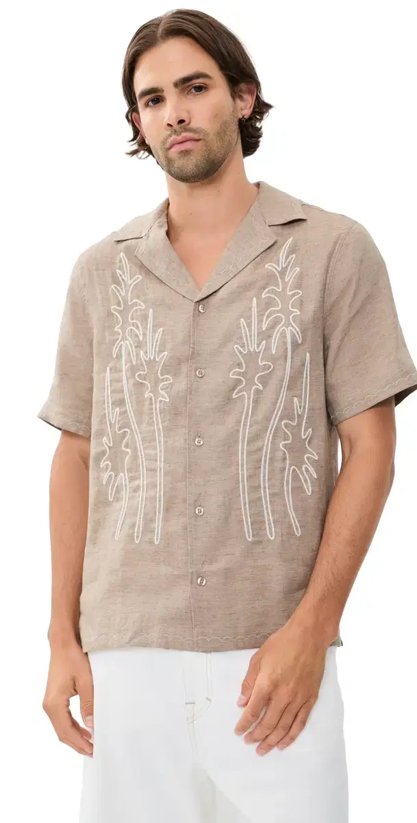 Frescobol Carioca Alves Palm Embroidered inen Shirt ight Brown