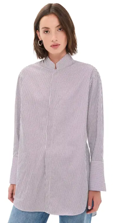 Comme Si Mandarin Collar Button Down Shirt orrento tripe | Thumbnail 1