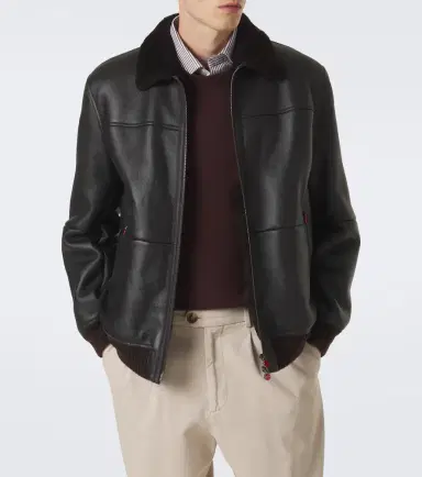 Kiton Shearling-trimmed leather bomber jacket | Thumbnail 4