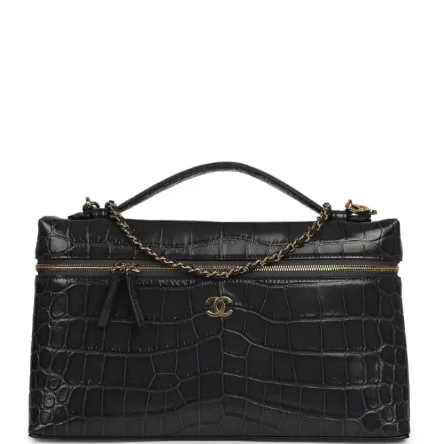 Chanel Chanel Large Top Handle Long Vanity Case Grey Croc Embossed Calfskin Gold Hardware