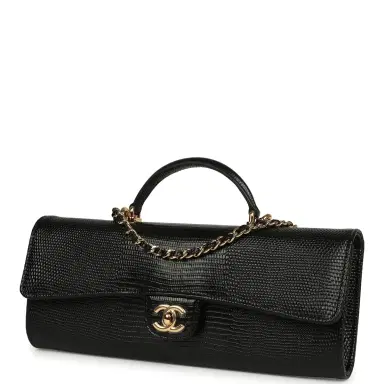 Chanel Chanel Long Top Handle Clutch with Chain Black Lizard Embossed Calfskin Gold Hardware | Thumbnail 5