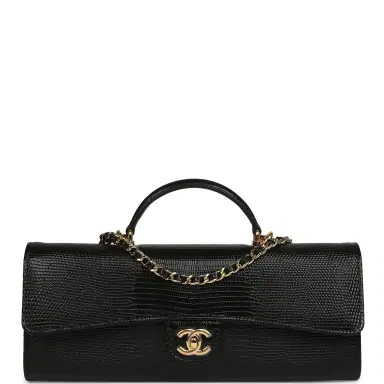 Chanel Chanel Long Top Handle Clutch with Chain Black Lizard Embossed Calfskin Gold Hardware | Thumbnail 1